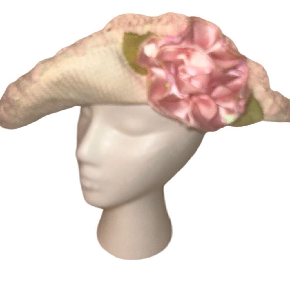 Vintage Toby NYC Womens Cream Pink Rose Woven Wide Brim Straw Hat Size 4-6X